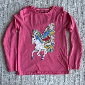 Mini Boden Coral Pink Long-Sleeve Tee with Unicorn & Floral Appliqué size 9-10
